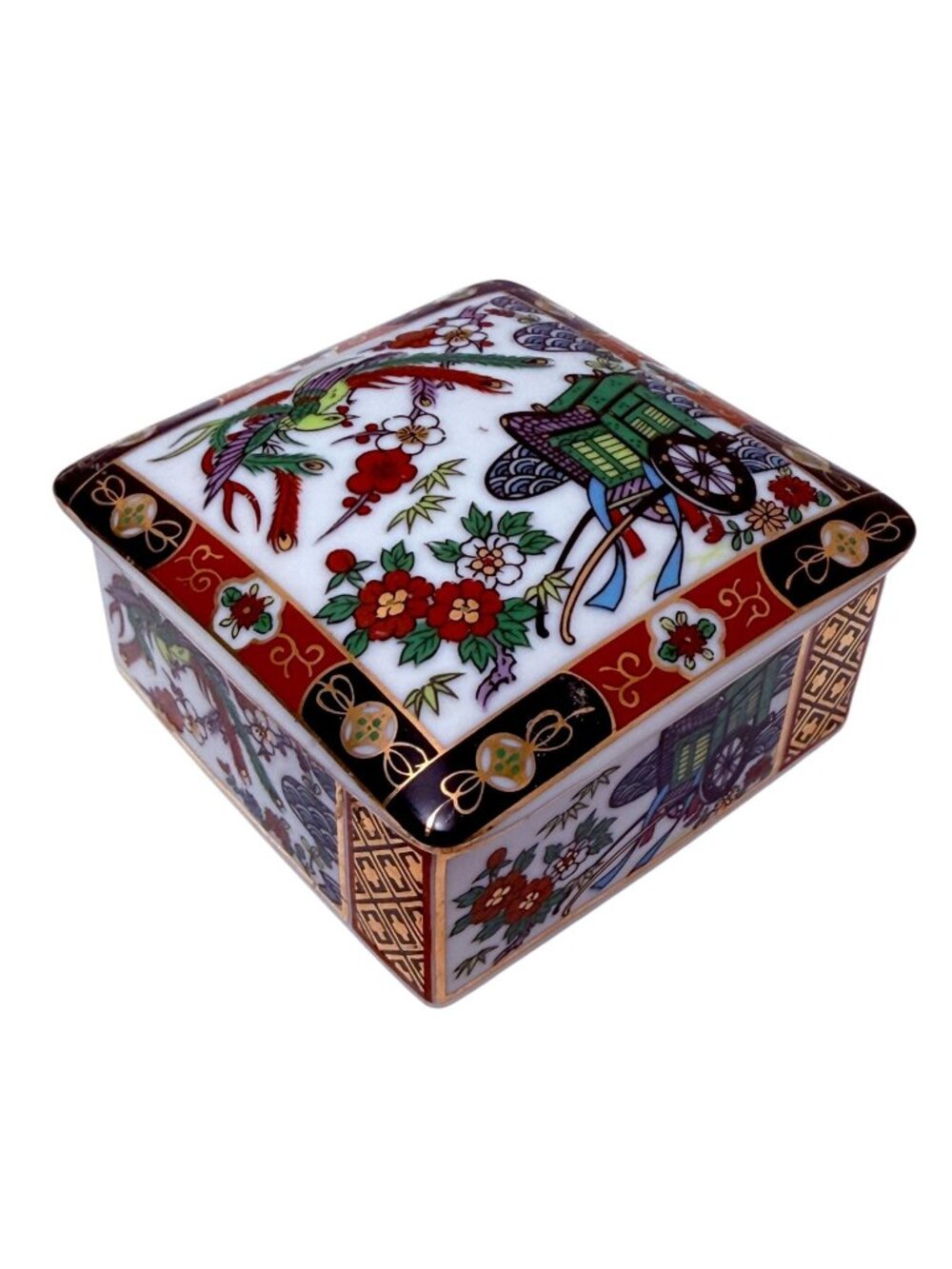 Vintage Imari Style Trinket Box Made in Japan Asian Green Cart Bird Floral 2.75"